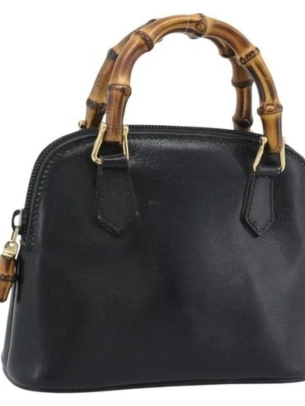 GUCCI Bamboo Hand Bag Leather Black Gold 007 2865 0231 Auth 188314